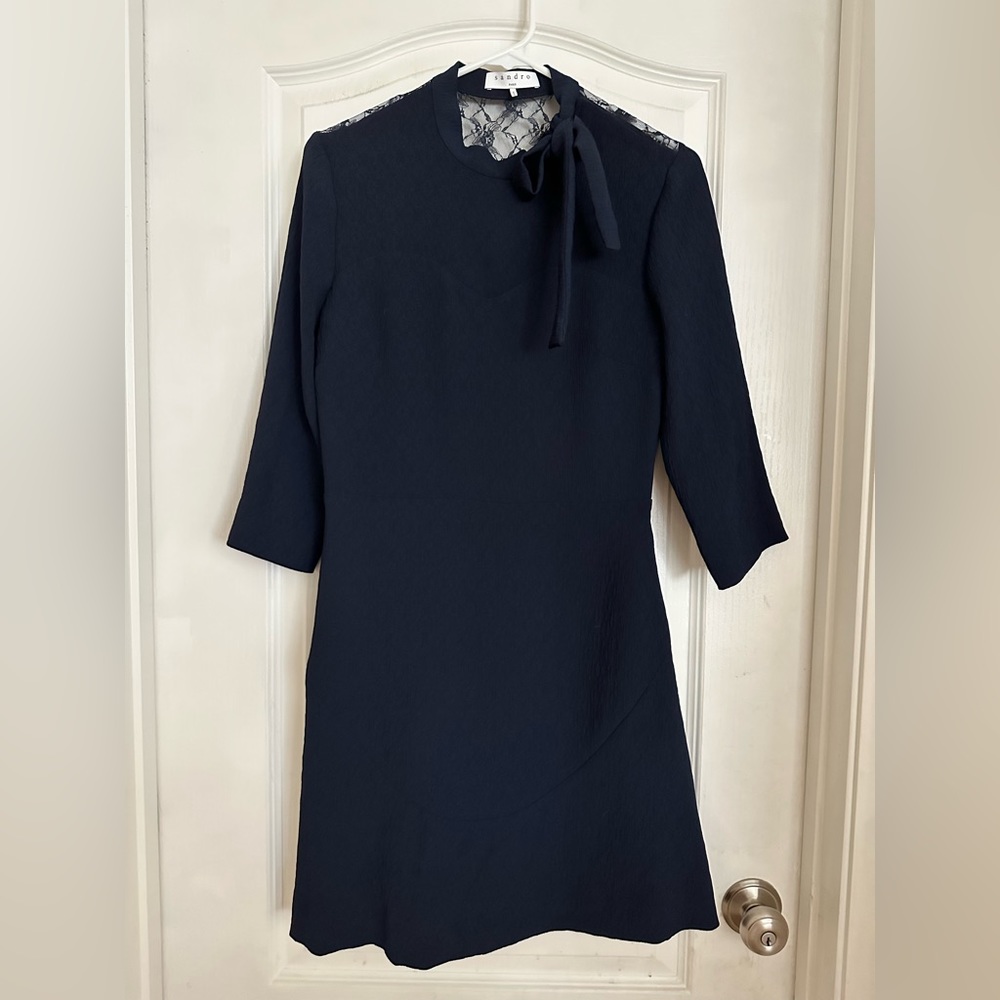 Sandro Paris Jovane Lace-Paneled Mini Dress in Navy Blue. Size 3